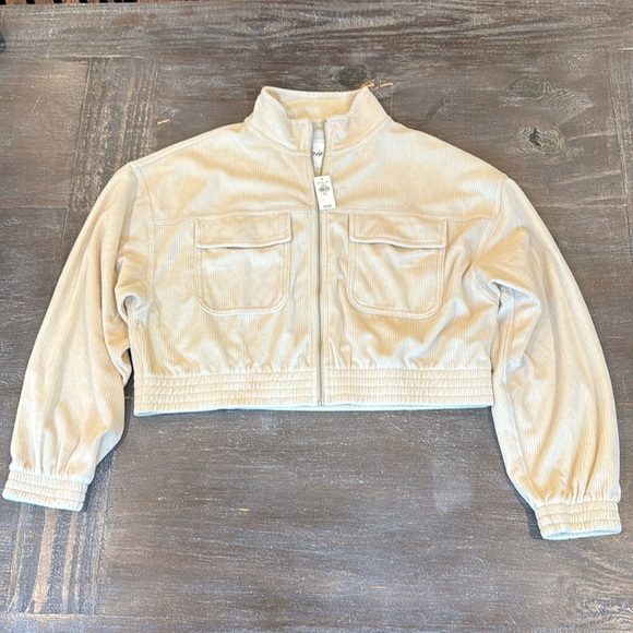 NWT Aerie Groove On Full Zip Soft Velour Cropped Beige Ribbed Jacket Size L - Picture 2 of 14